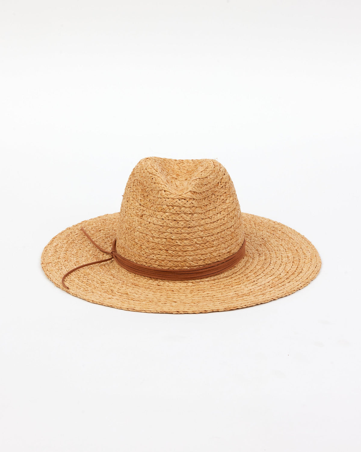 front of braided raffia sunhat with brown trim