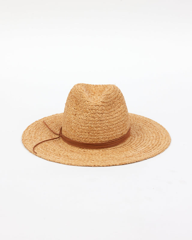 front of braided raffia sunhat with brown trim