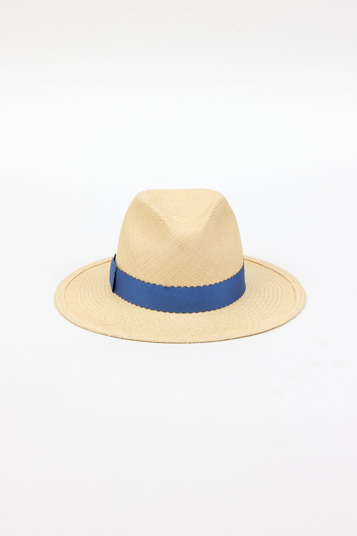 Front angle of straw panama hat with blue ribbon trim