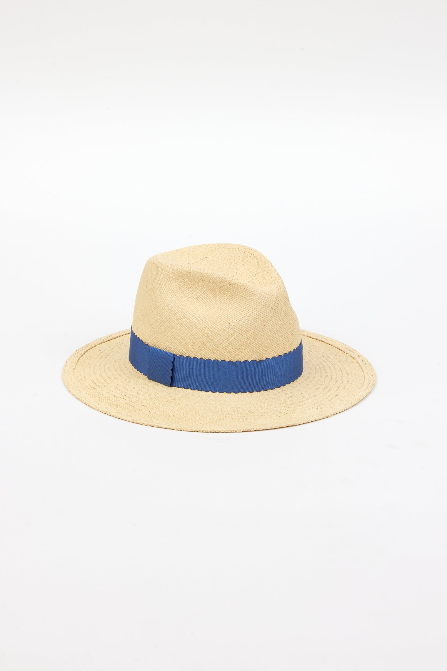 Straw panama hat with blue ribbon trim