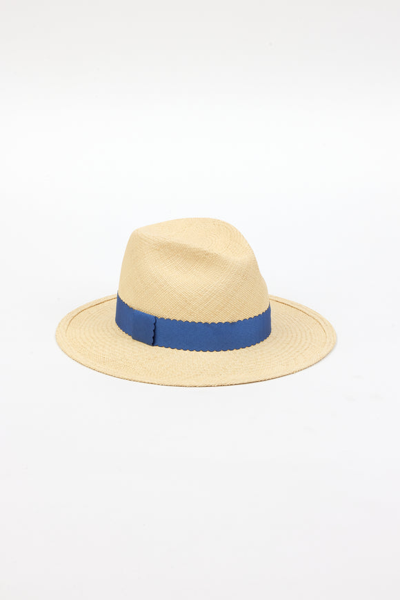 Straw panama hat with blue ribbon trim