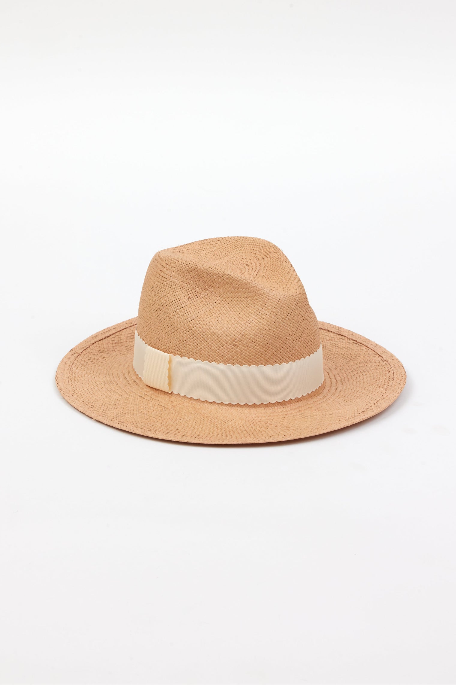 Pecan brown panama straw hat with ivory ribbon trim