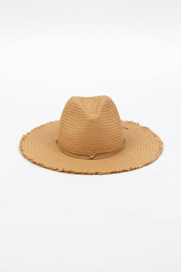 Front of brown fringed panama hat with brown trim
