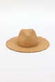 Front of brown fringed panama hat with brown trim