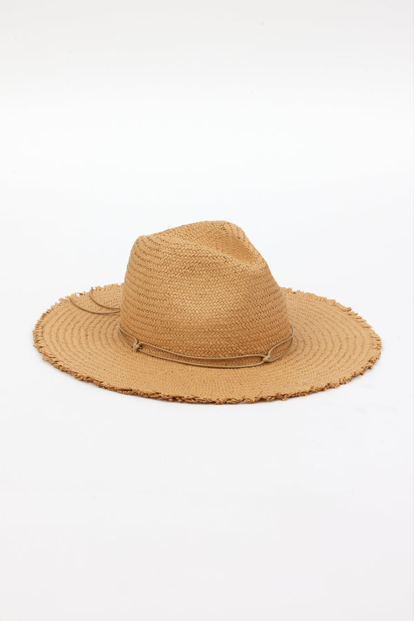 brown fringed panama hat with brown trim
