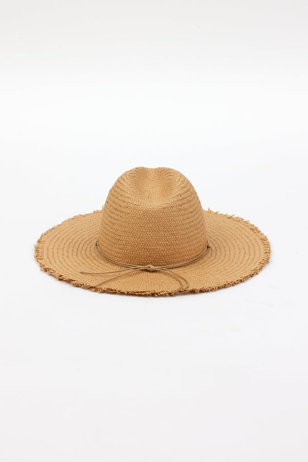 Back of brown fringed panama hat with brown trim