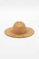 Back of brown fringed panama hat with brown trim