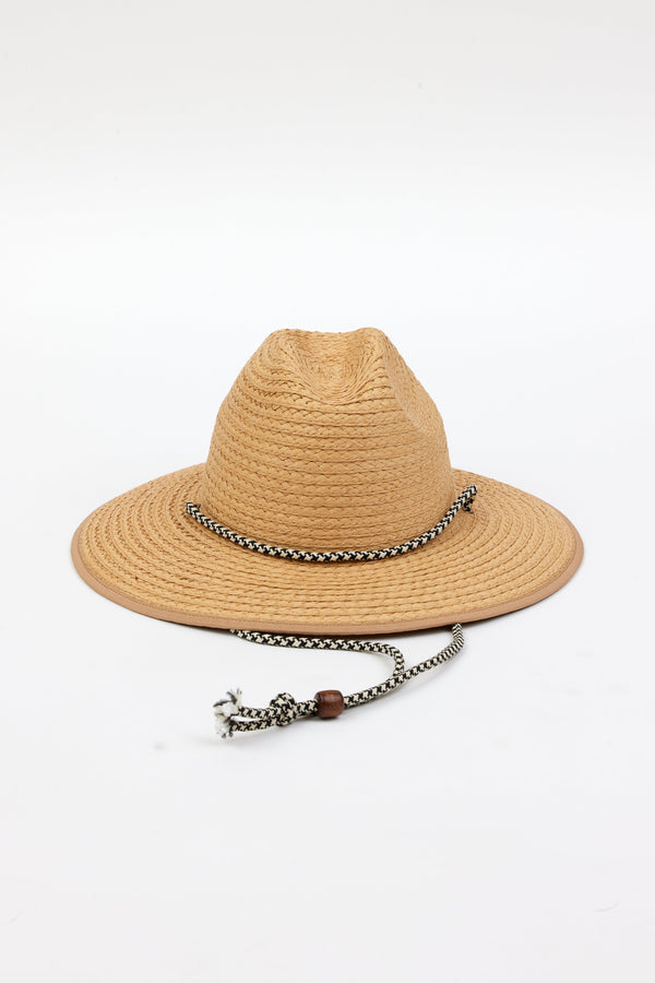 woven sunhat with black and tan chinstrap