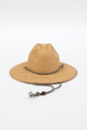 woven sunhat with black and tan chinstrap