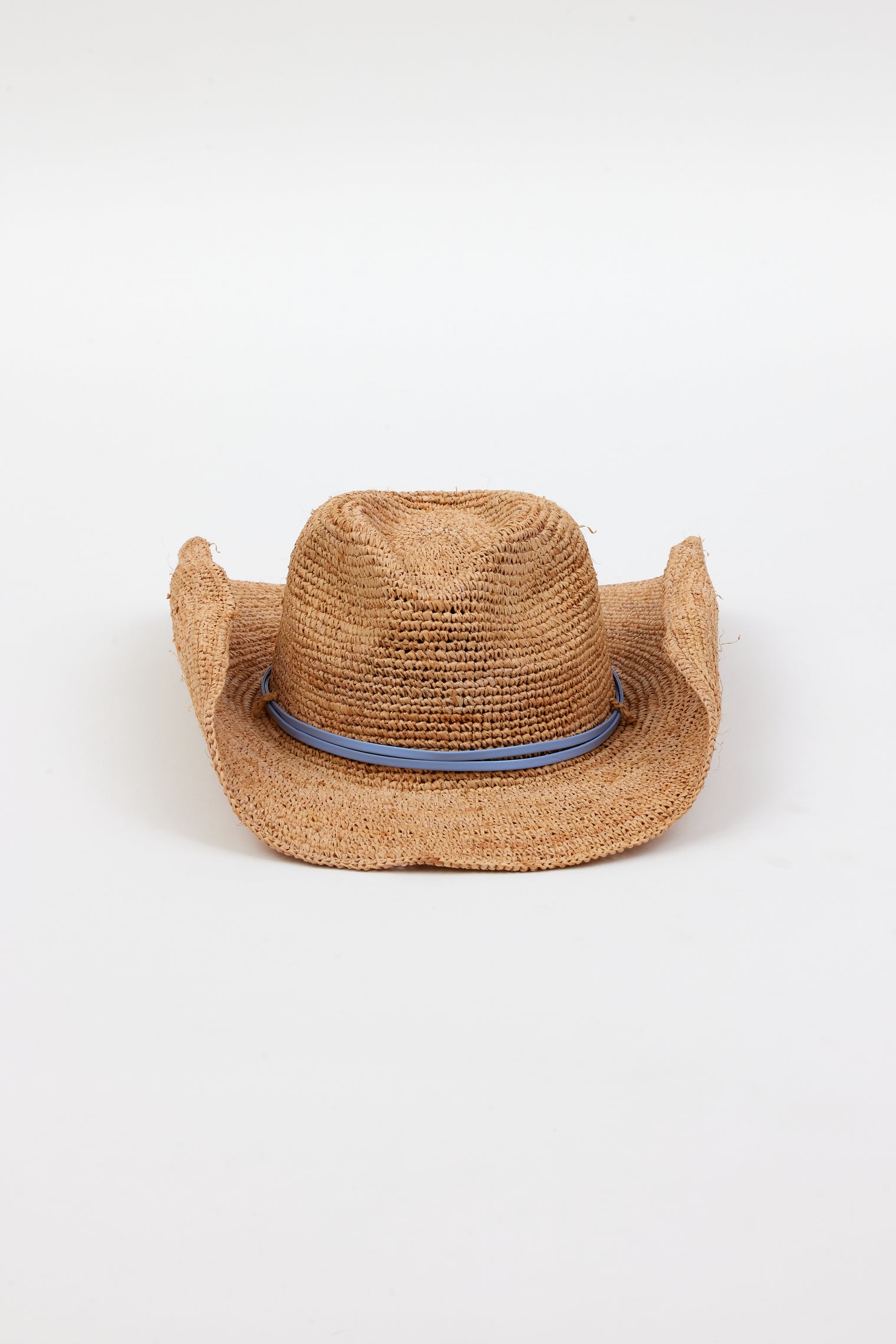 Raffia straw cowboy hat with blue wrap detail