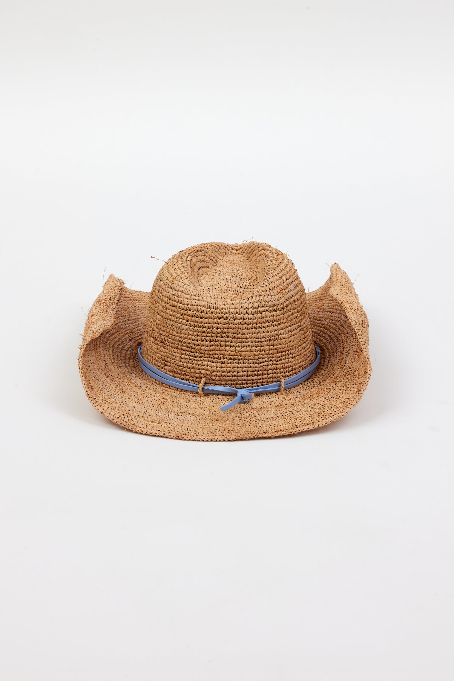 Back of raffia straw cowboy hat with blue wrap detail