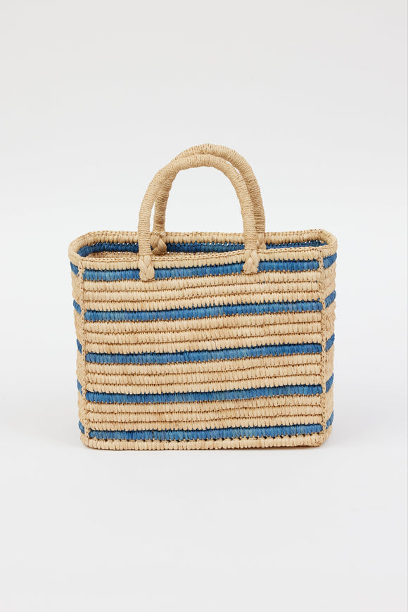 light tan straw bag with blue stripes