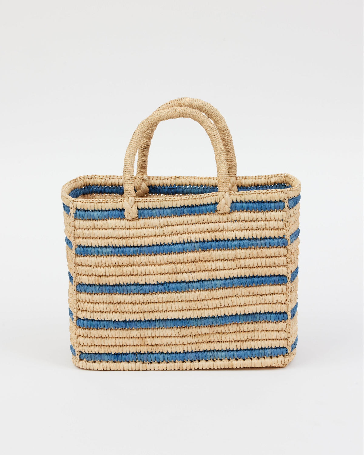 light tan straw bag with blue stripes