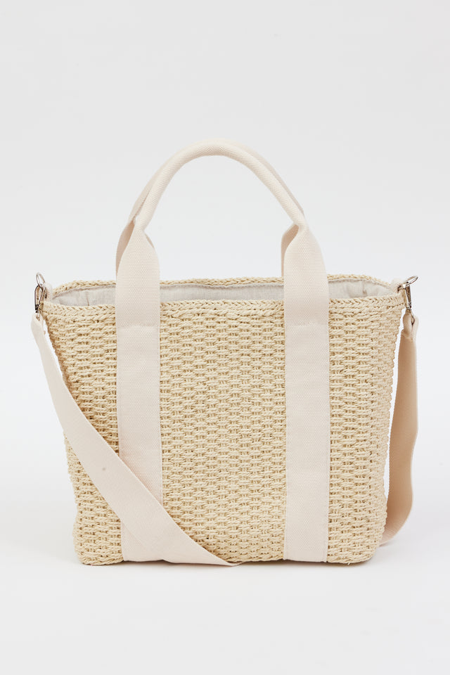 Woven straw insulated cooler tote with handles and detachable strap