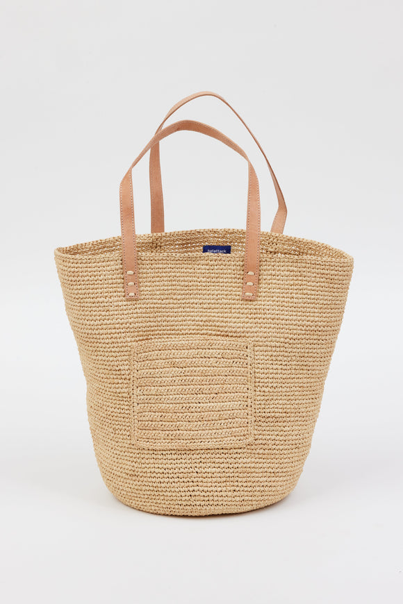 Raffia straw tote with leather handles