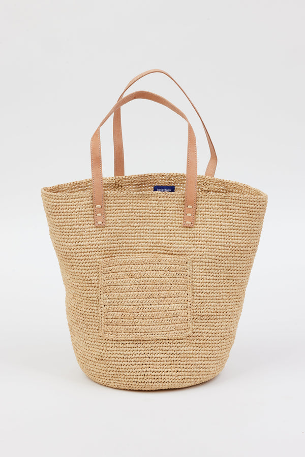 Raffia straw tote with leather handles