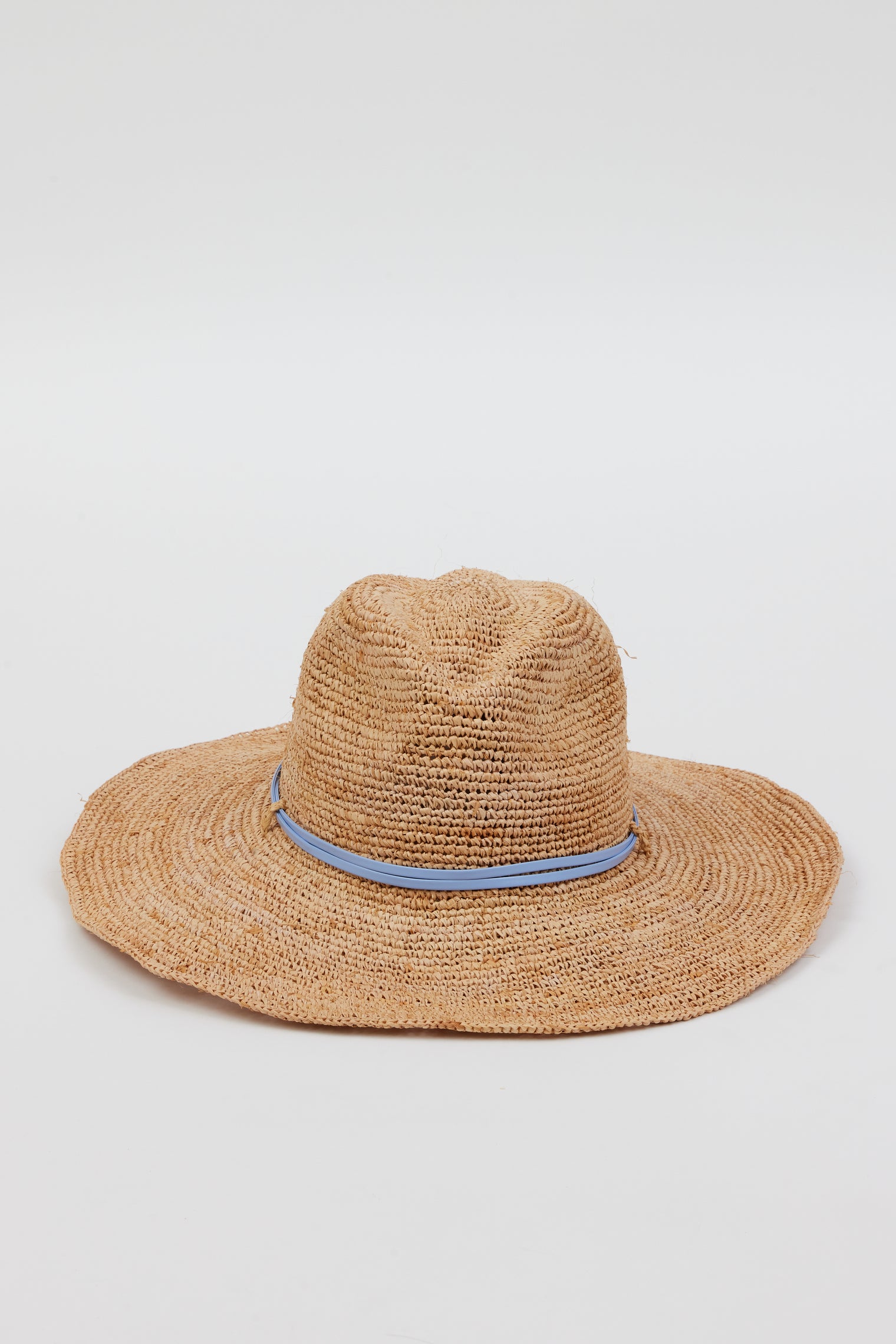 Raffia straw sun hat with blue wrap detail