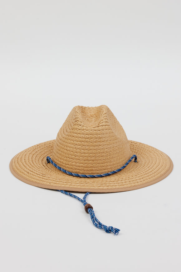 front of woven sunhat with blue chinstrap