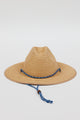 front of woven sunhat with blue chinstrap