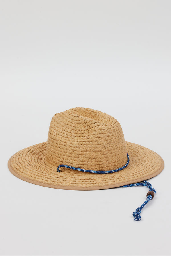 3/4 angle of woven sunhat with blue chinstrap