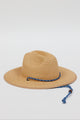 3/4 angle of woven sunhat with blue chinstrap