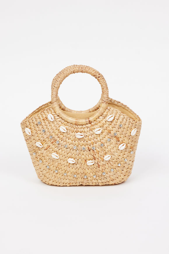 small straw bag with shell and rhinestone detail