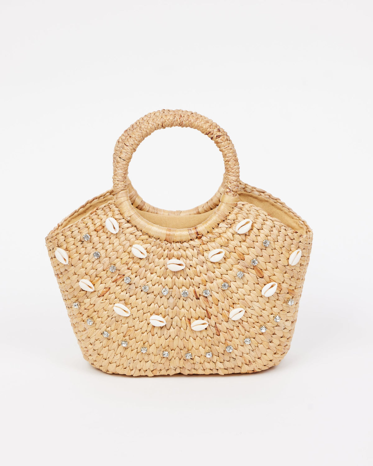 small straw bag with shell and rhinestone detail