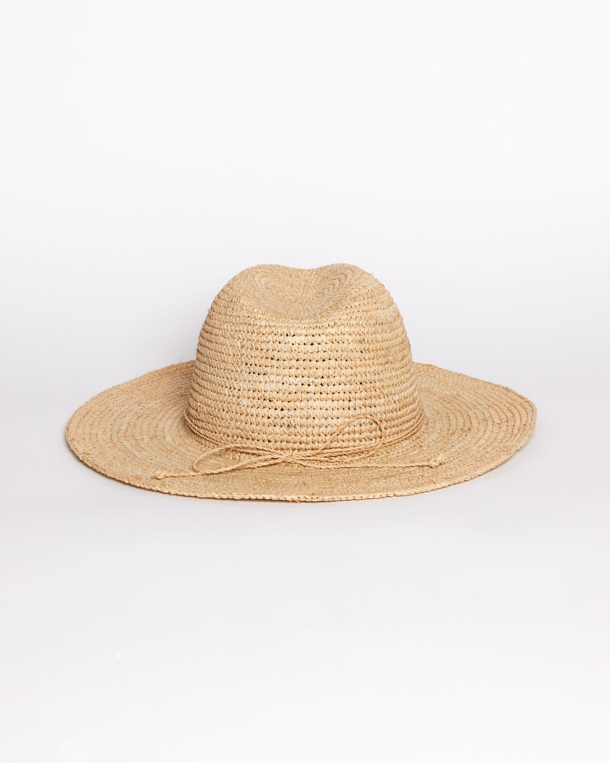 Beige straw hat with a tie trim on a white background
