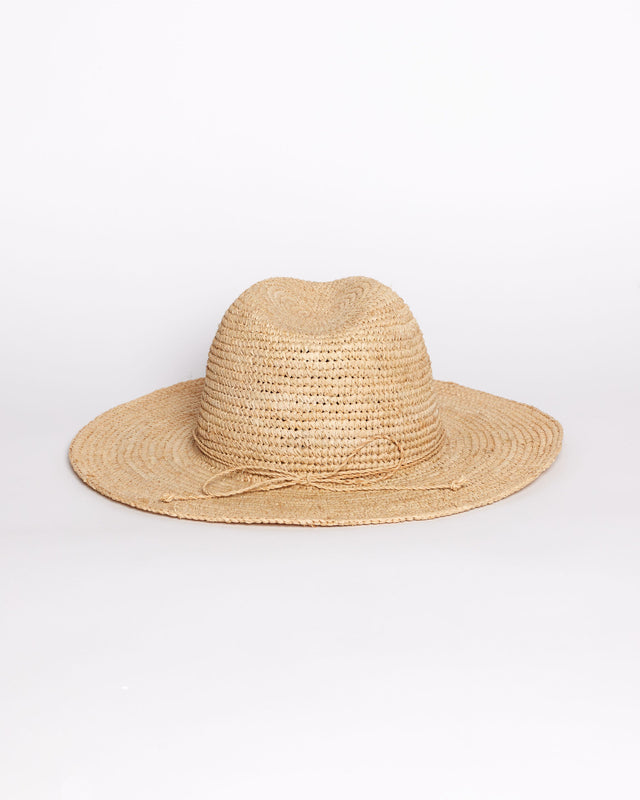 Beige straw hat with a tie trim on a white background