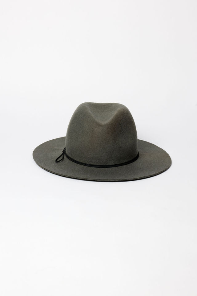 Gray fedora hat with a black band on a white background