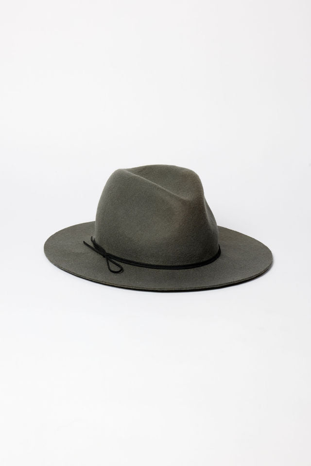 Gray fedora hat with a black band on a white background