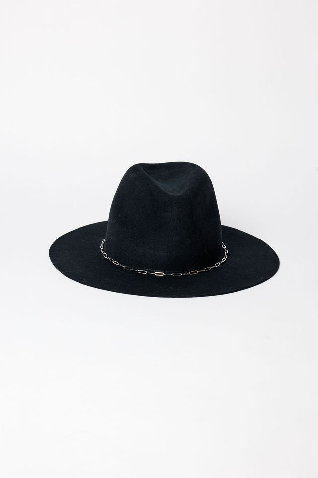 Black fedora hat with a chain detail on a white background