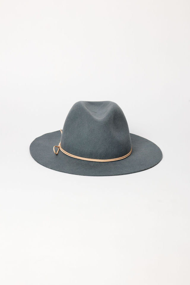 Gray fedora hat with a tan band on a white background