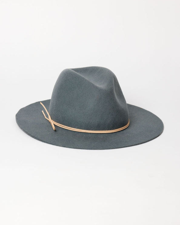 Gray fedora hat with a thin brown band on a white background
