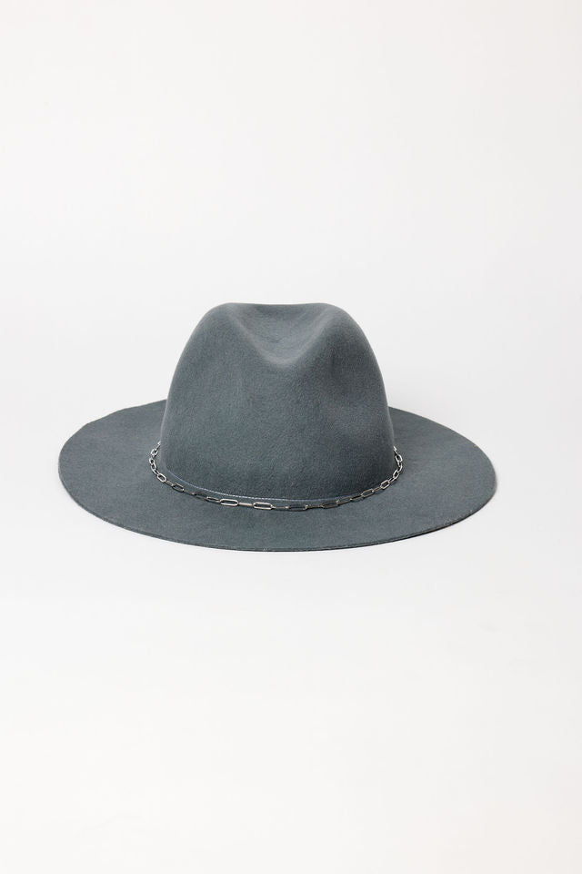 Slate gray fedora hat on a white background