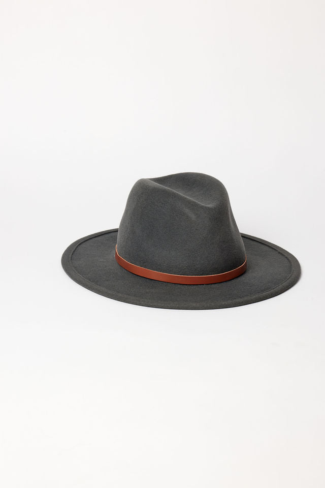 Gray fedora hat with a brown band on a white background