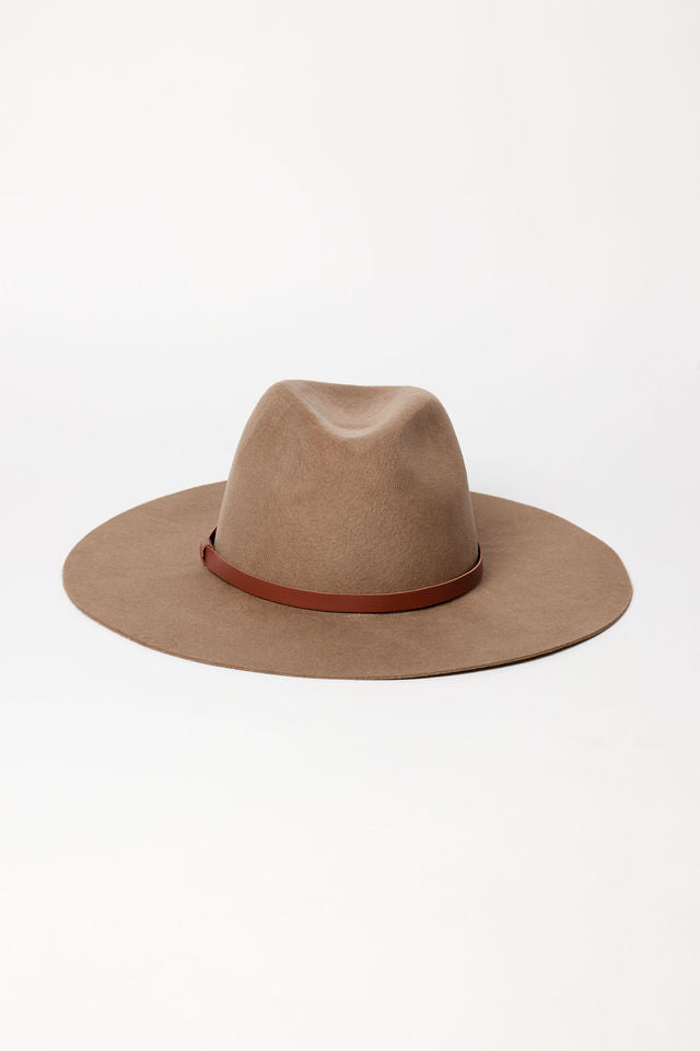 Brown fedora hat with a brown band on a white background