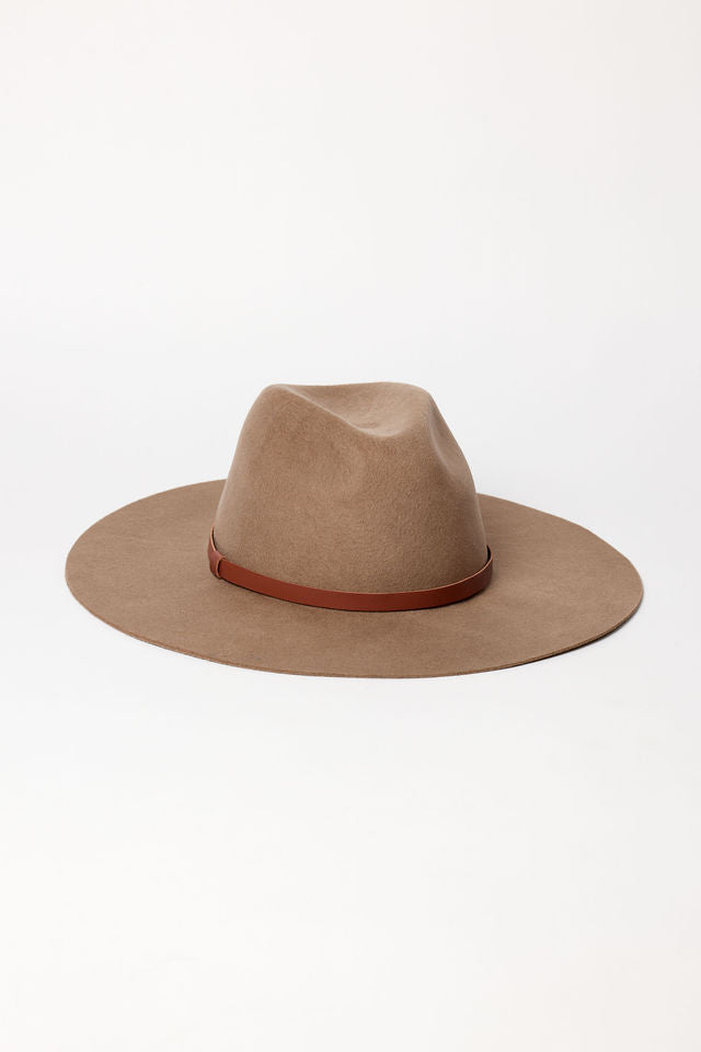 Brown fedora hat with a brown band on a white background