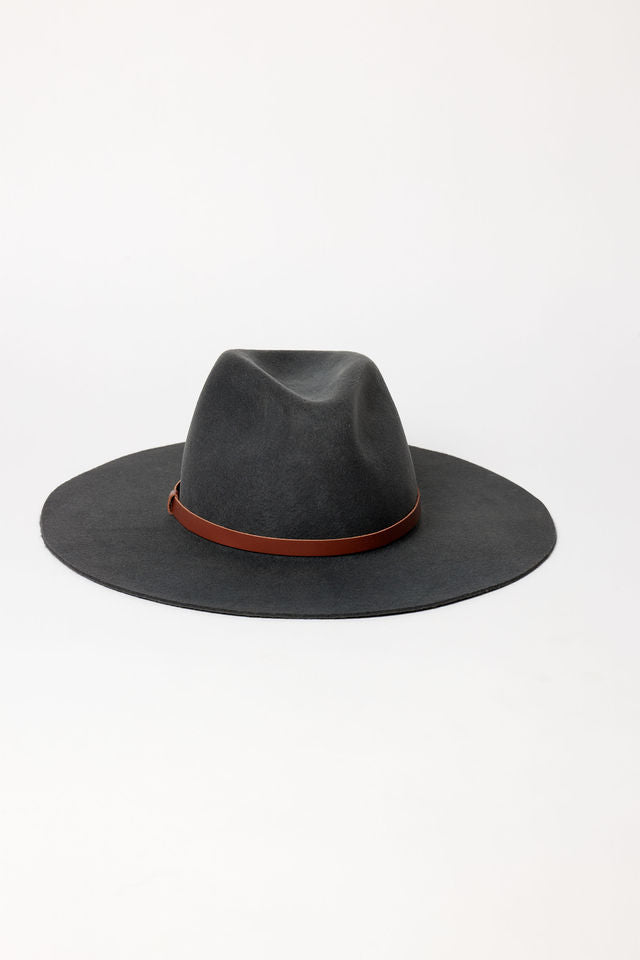 Gray fedora hat with a brown band on a white background