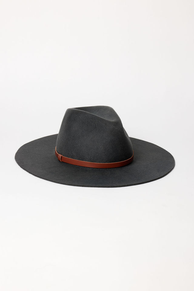 Dark gray fedora hat with a brown band on a light gray background