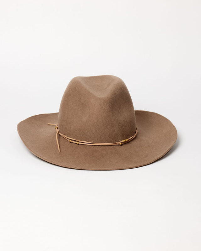 Brown felt fedora hat with a decorative band on a white background