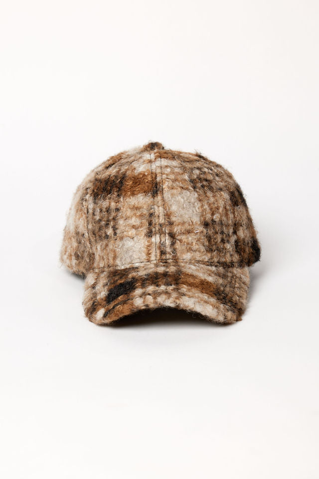 Brown plaid faux fur baseball cap