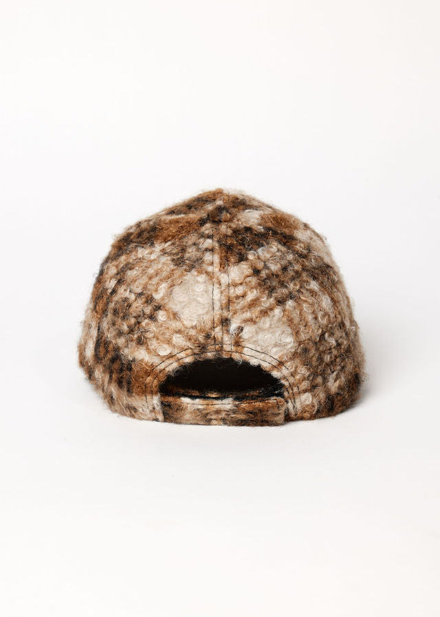 Back of brown plaid faux fur baseball cap