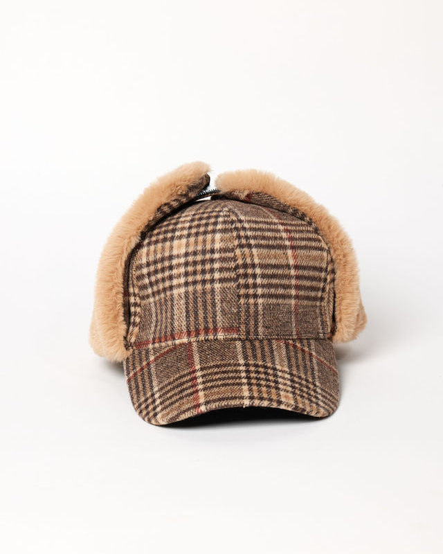 Brown plaid cap with earflaps