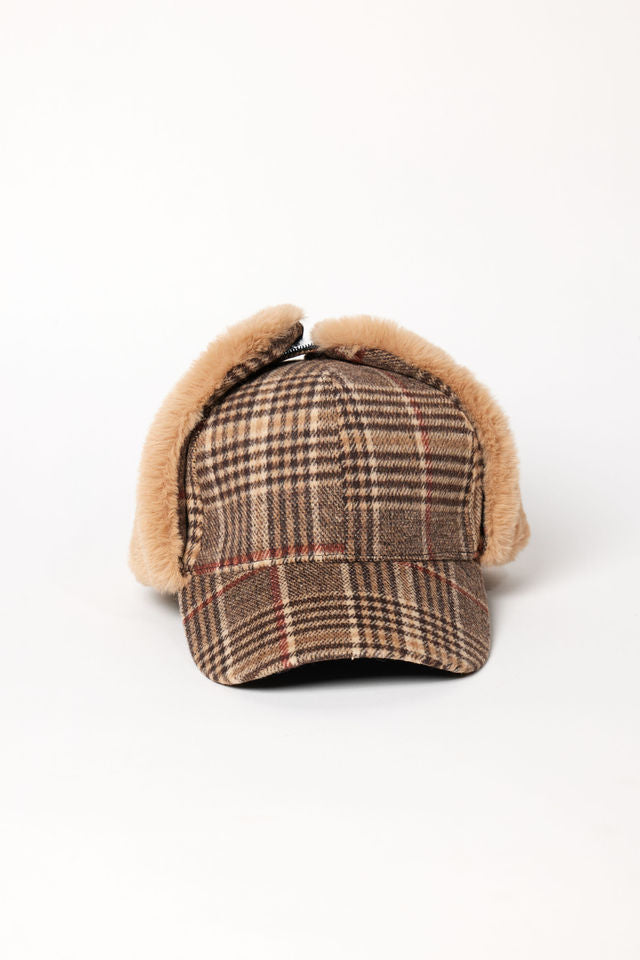 Brown plaid cap with earflaps