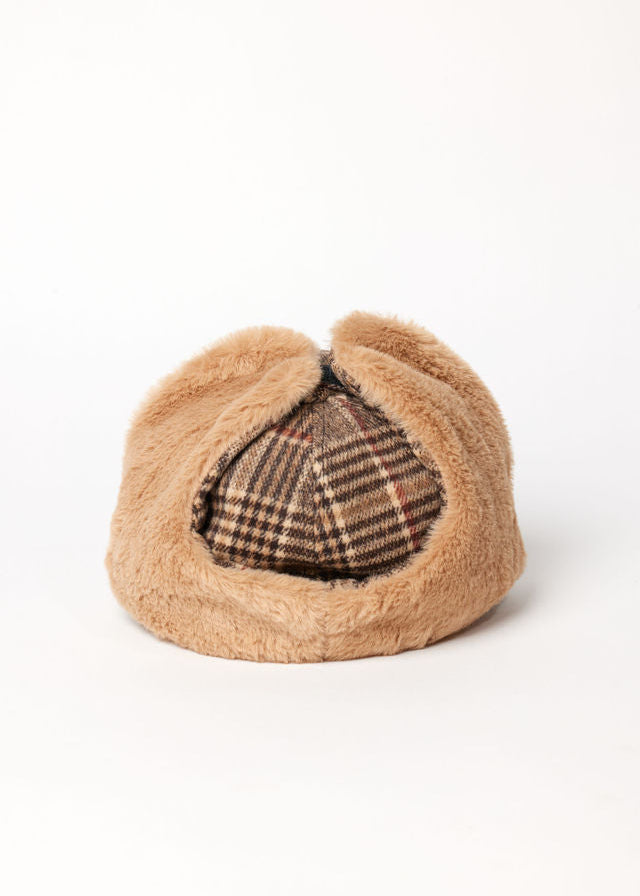 Back of brown plaid cap with earflaps