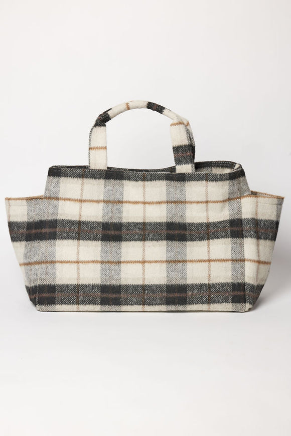 Plaid tote bag, expanded, on a white background