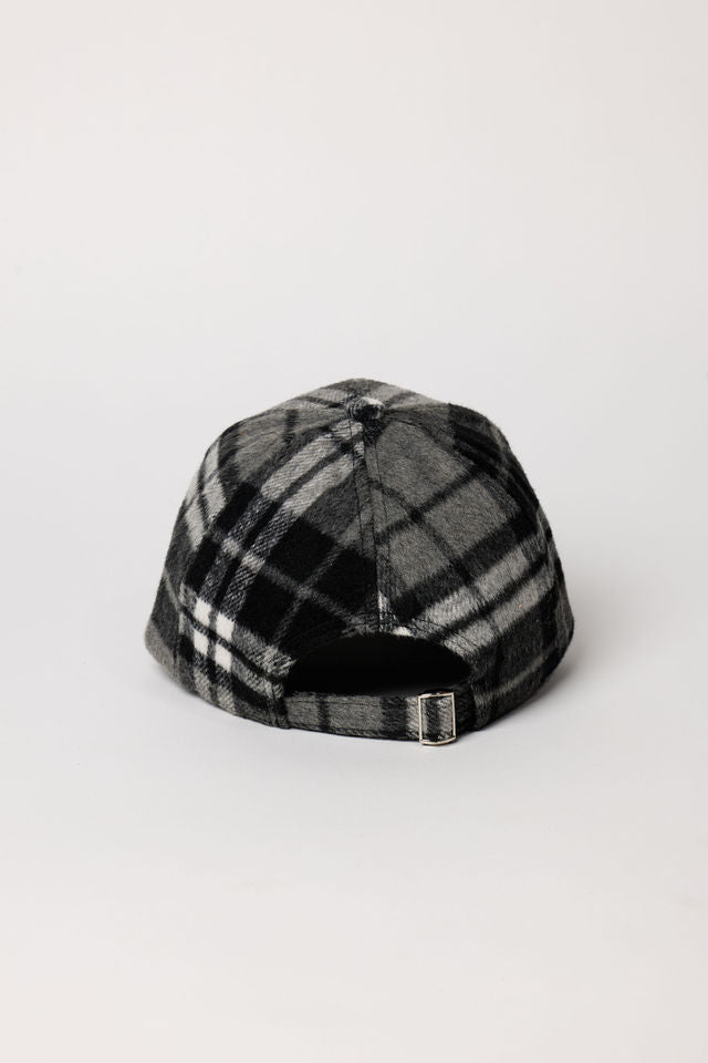 Back of black and grey check baseball cap