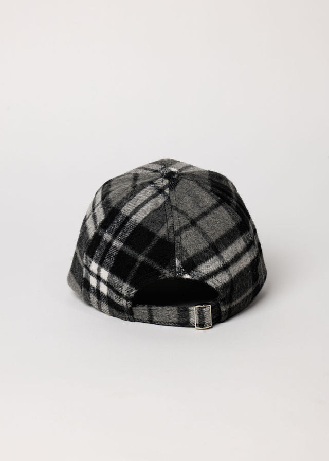 Back of black and grey check baseball cap