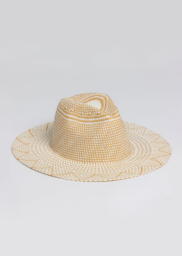 3/4 angle of Ivory and Tan Woven Sun Hat